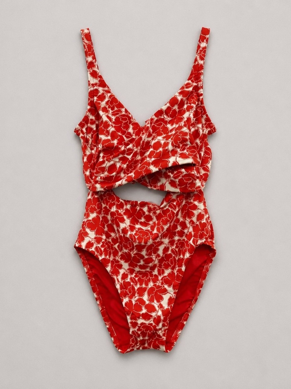 Lands' End Red and Cream Floral Cutout One-Piece Swimsuit
